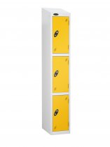 Single Metal Storage Locker | 3 Doors | 1780 x 305 x 305mm | White Carcass | Yellow Door | Cam Lock | Sloping Top | Probe