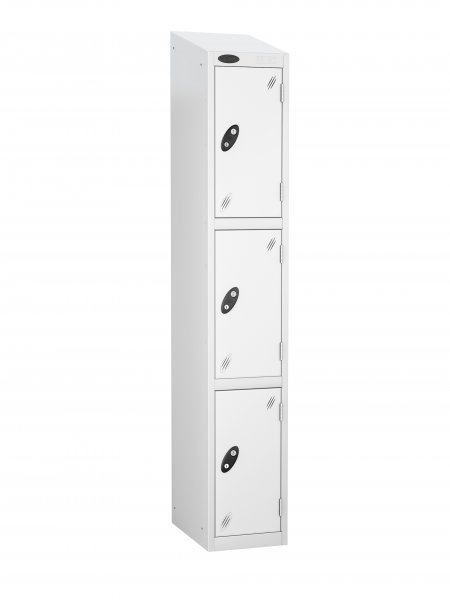 Single Metal Storage Locker | 3 Doors | 1780 x 305 x 305mm | White Carcass | White Door | Cam Lock | Sloping Top | Probe