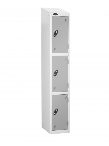 Single Metal Storage Locker | 3 Doors | 1780 x 305 x 305mm | White Carcass | Silver Door | Cam Lock | Sloping Top | Probe