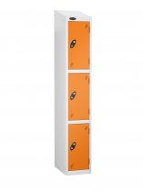 Single Metal Storage Locker | 3 Doors | 1780 x 305 x 305mm | White Carcass | Orange Door | Cam Lock | Sloping Top | Probe