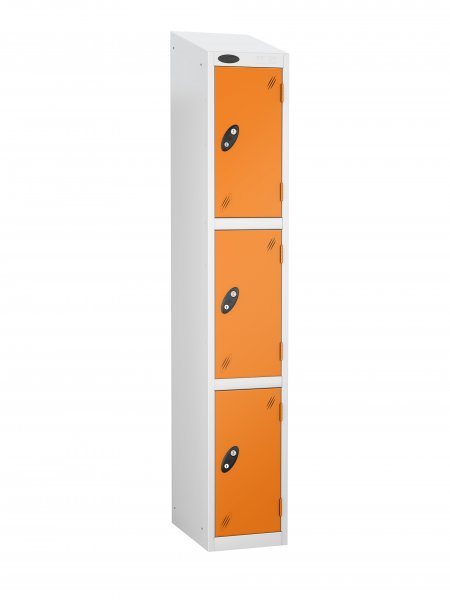 Single Metal Storage Locker | 3 Doors | 1780 x 305 x 305mm | White Carcass | Orange Door | Cam Lock | Sloping Top | Probe