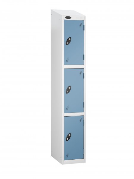 Single Metal Storage Locker | 3 Doors | 1780 x 305 x 305mm | White Carcass | Ocean Door | Cam Lock | Sloping Top | Probe