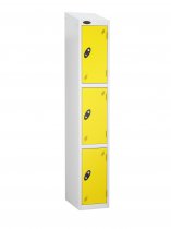 Single Metal Storage Locker | 3 Doors | 1780 x 305 x 305mm | White Carcass | Lemon Door | Cam Lock | Sloping Top | Probe