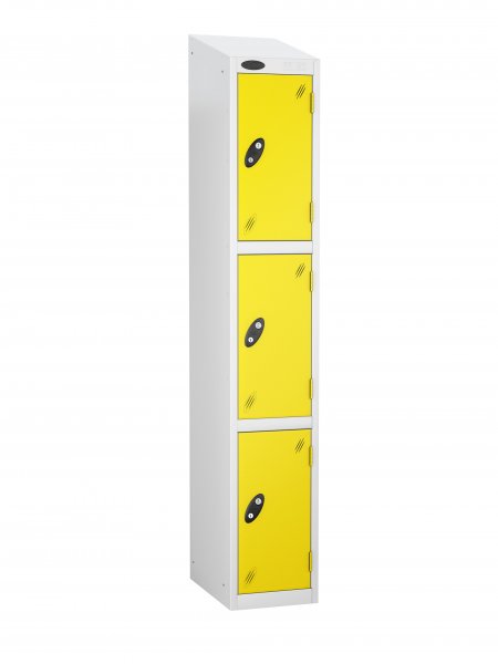 Single Metal Storage Locker | 3 Doors | 1780 x 305 x 305mm | White Carcass | Lemon Door | Cam Lock | Sloping Top | Probe