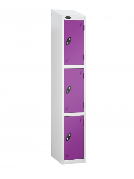 Single Metal Storage Locker | 3 Doors | 1780 x 305 x 305mm | White Carcass | Lilac Door | Cam Lock | Sloping Top | Probe