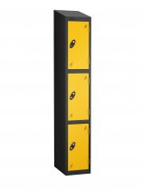 Single Metal Storage Locker | 3 Doors | 1780 x 305 x 305mm | Black Carcass | Yellow Door | Cam Lock | Sloping Top | Probe