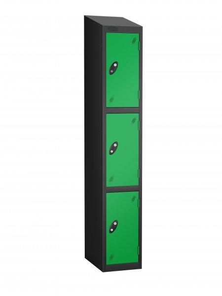 Single Metal Storage Locker | 3 Doors | 1780 x 305 x 305mm | Black Carcass | Green Door | Cam Lock | Sloping Top | Probe