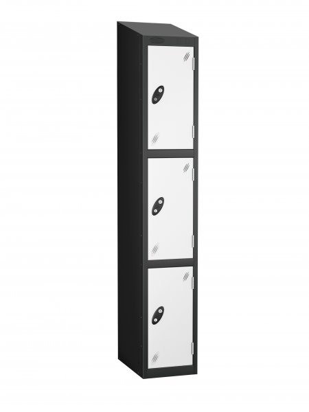 Single Metal Storage Locker | 3 Doors | 1780 x 305 x 305mm | Black Carcass | White Door | Cam Lock | Sloping Top | Probe