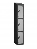 Single Metal Storage Locker | 3 Doors | 1780 x 305 x 305mm | Black Carcass | Silver Door | Cam Lock | Sloping Top | Probe