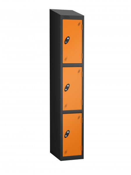 Single Metal Storage Locker | 3 Doors | 1780 x 305 x 305mm | Black Carcass | Orange Door | Cam Lock | Sloping Top | Probe