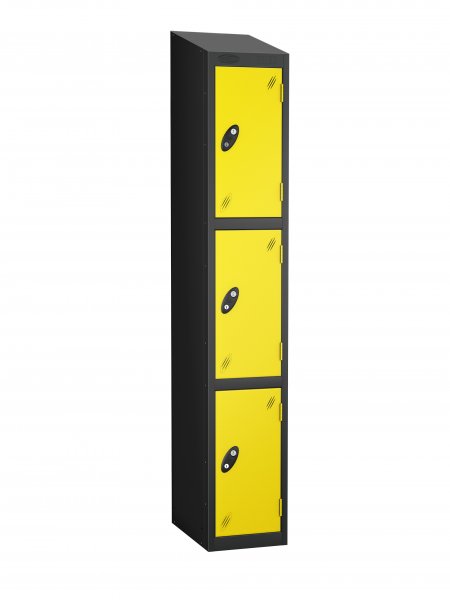 Single Metal Storage Locker | 3 Doors | 1780 x 305 x 305mm | Black Carcass | Lemon Door | Cam Lock | Sloping Top | Probe