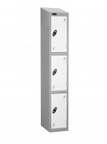 Single Metal Storage Locker | 3 Doors | 1780 x 305 x 305mm | Silver Carcass | White Door | Cam Lock | Sloping Top | Probe