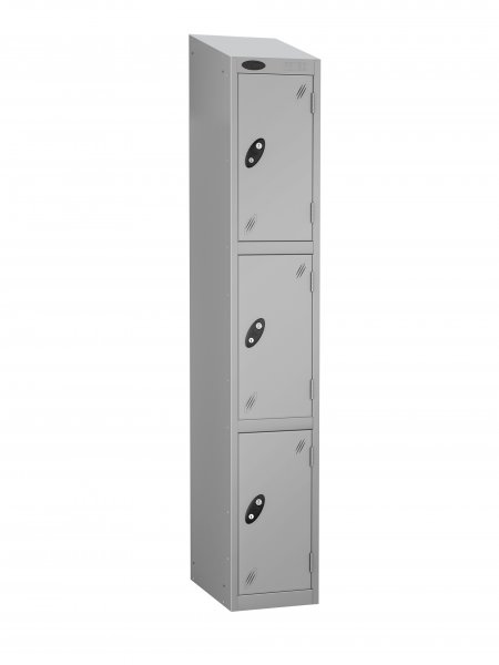 Single Metal Storage Locker | 3 Doors | 1780 x 305 x 305mm | Silver Carcass | Silver Door | Cam Lock | Sloping Top | Probe