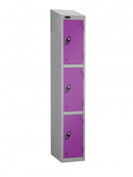 Single Metal Storage Locker | 3 Doors | 1780 x 305 x 305mm | Silver Carcass | Lilac Door | Cam Lock | Sloping Top | Probe