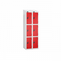 Nest of 2 Metal Storage Lockers | 3 Doors | 1780 x 305 x 305mm | White Carcass | Red Door | Cam Lock | Sloping Top | Probe