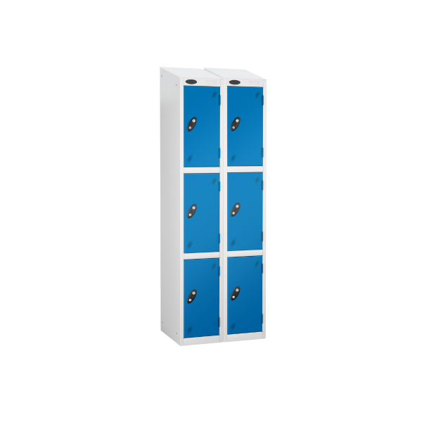 Nest of 2 Metal Storage Lockers | 3 Doors | 1780 x 305 x 305mm | White Carcass | Blue Door | Cam Lock | Sloping Top | Probe