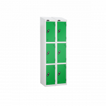 Nest of 2 Metal Storage Lockers | 3 Doors | 1780 x 305 x 305mm | White Carcass | Green Door | Cam Lock | Sloping Top | Probe