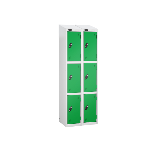 Nest of 2 Metal Storage Lockers | 3 Doors | 1780 x 305 x 305mm | White Carcass | Green Door | Cam Lock | Sloping Top | Probe