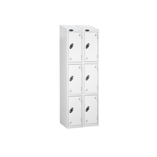 Nest of 2 Metal Storage Lockers | 3 Doors | 1780 x 305 x 305mm | White Carcass | White Door | Cam Lock | Sloping Top | Probe