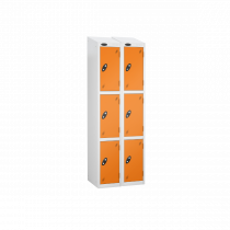 Nest of 2 Metal Storage Lockers | 3 Doors | 1780 x 305 x 305mm | White Carcass | Orange Door | Cam Lock | Sloping Top | Probe