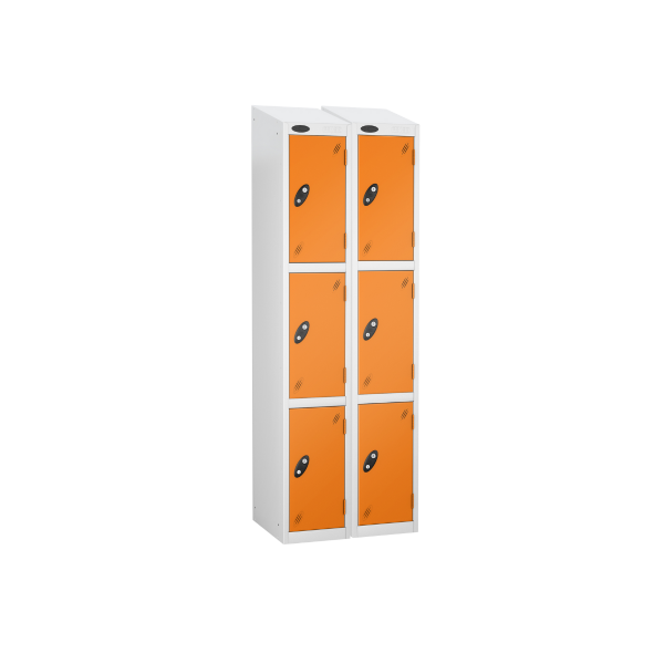 Nest of 2 Metal Storage Lockers | 3 Doors | 1780 x 305 x 305mm | White Carcass | Orange Door | Cam Lock | Sloping Top | Probe