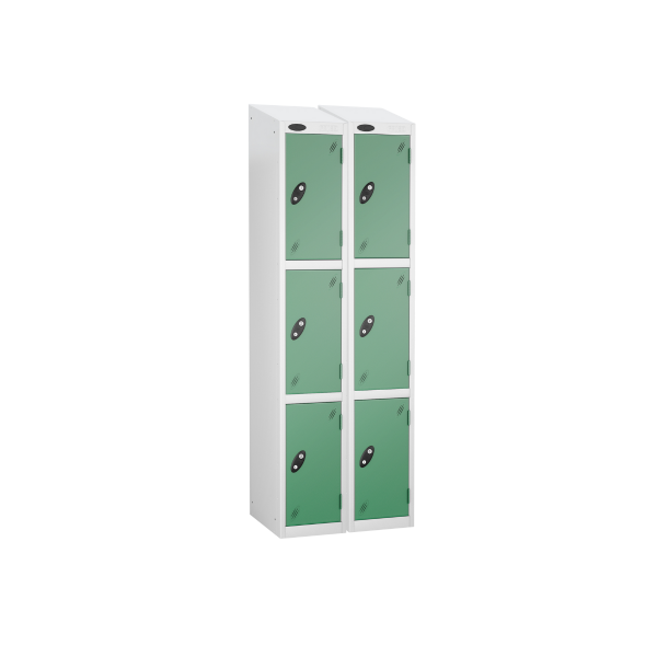 Nest of 2 Metal Storage Lockers | 3 Doors | 1780 x 305 x 305mm | White Carcass | Jade Door | Cam Lock | Sloping Top | Probe