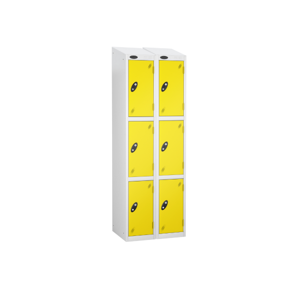 Nest of 2 Metal Storage Lockers | 3 Doors | 1780 x 305 x 305mm | White Carcass | Lemon Door | Cam Lock | Sloping Top | Probe