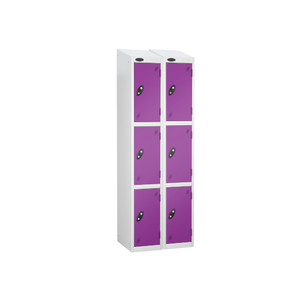 Nest of 2 Metal Storage Lockers | 3 Doors | 1780 x 305 x 305mm | White Carcass | Lilac Door | Cam Lock | Sloping Top | Probe