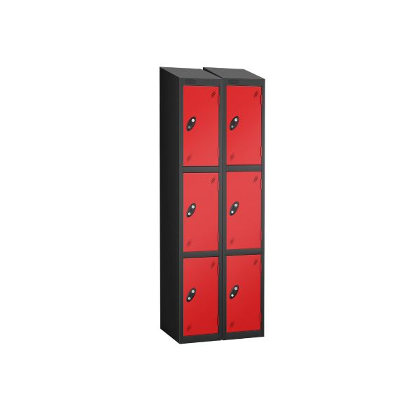 Nest of 2 Metal Storage Lockers | 3 Doors | 1780 x 305 x 305mm | Black Carcass | Red Door | Cam Lock | Sloping Top | Probe