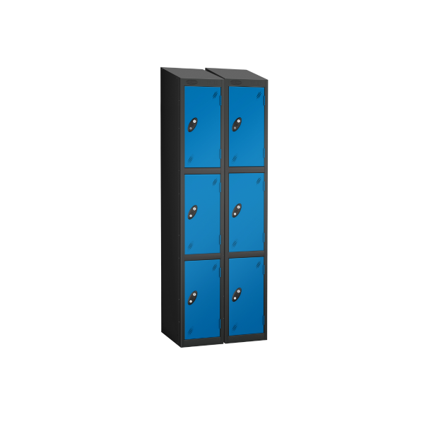 Nest of 2 Metal Storage Lockers | 3 Doors | 1780 x 305 x 305mm | Black Carcass | Blue Door | Cam Lock | Sloping Top | Probe