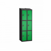 Nest of 2 Metal Storage Lockers | 3 Doors | 1780 x 305 x 305mm | Black Carcass | Green Door | Cam Lock | Sloping Top | Probe