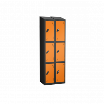 Nest of 2 Metal Storage Lockers | 3 Doors | 1780 x 305 x 305mm | Black Carcass | Orange Door | Cam Lock | Sloping Top | Probe