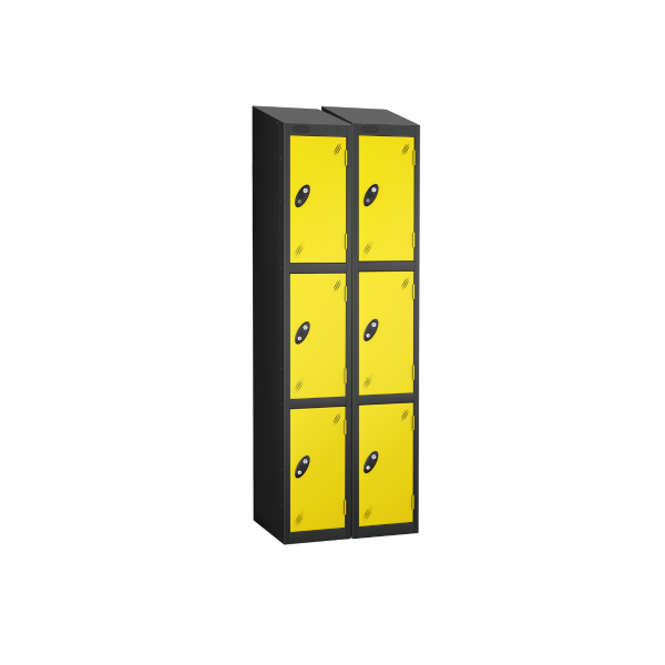 Nest of 2 Metal Storage Lockers | 3 Doors | 1780 x 305 x 305mm | Black Carcass | Lemon Door | Cam Lock | Sloping Top | Probe