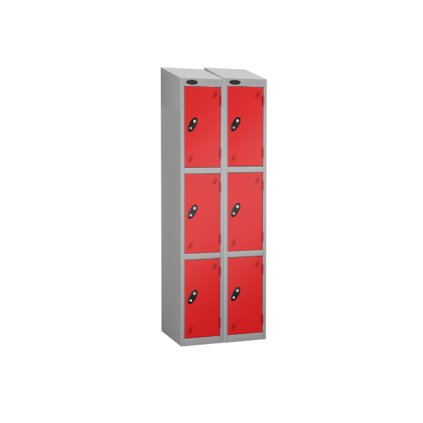 Nest of 2 Metal Storage Lockers | 3 Doors | 1780 x 305 x 305mm | Silver Carcass | Red Door | Cam Lock | Sloping Top | Probe