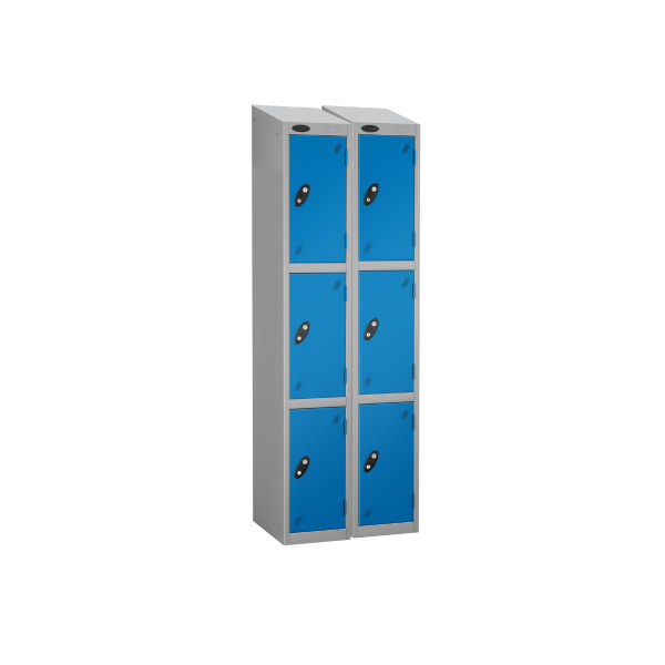 Nest of 2 Metal Storage Lockers | 3 Doors | 1780 x 305 x 305mm | Silver Carcass | Blue Door | Cam Lock | Sloping Top | Probe