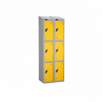 Nest of 2 Metal Storage Lockers | 3 Doors | 1780 x 305 x 305mm | Silver Carcass | Yellow Door | Cam Lock | Sloping Top | Probe