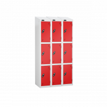 Nest of 3 Metal Storage Lockers | 3 Doors | 1780 x 305 x 305mm | White Carcass | Red Door | Cam Lock | Sloping Top | Probe