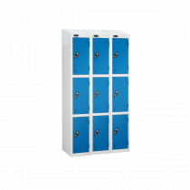 Nest of 3 Metal Storage Lockers | 3 Doors | 1780 x 305 x 305mm | White Carcass | Blue Door | Cam Lock | Sloping Top | Probe