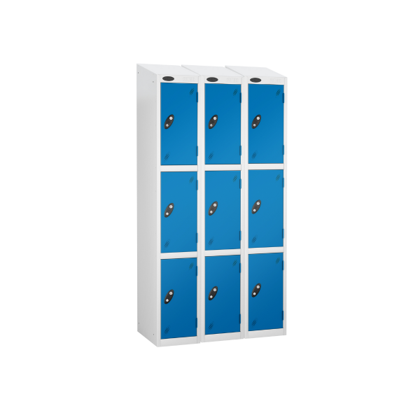 Nest of 3 Metal Storage Lockers | 3 Doors | 1780 x 305 x 305mm | White Carcass | Blue Door | Cam Lock | Sloping Top | Probe