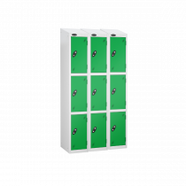 Nest of 3 Metal Storage Lockers | 3 Doors | 1780 x 305 x 305mm | White Carcass | Green Door | Cam Lock | Sloping Top | Probe