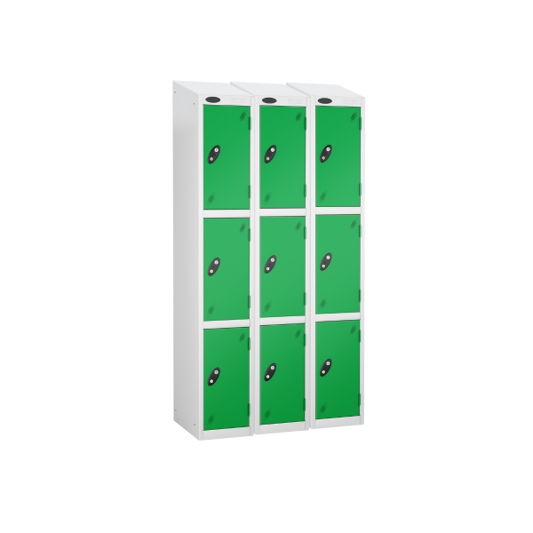 Nest of 3 Metal Storage Lockers | 3 Doors | 1780 x 305 x 305mm | White Carcass | Green Door | Cam Lock | Sloping Top | Probe