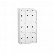 Nest of 3 Metal Storage Lockers | 3 Doors | 1780 x 305 x 305mm | White Carcass | White Door | Cam Lock | Sloping Top | Probe