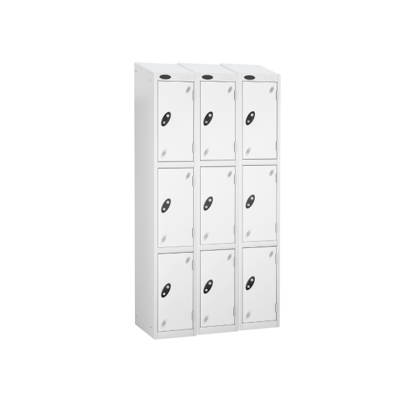 Nest of 3 Metal Storage Lockers | 3 Doors | 1780 x 305 x 305mm | White Carcass | White Door | Cam Lock | Sloping Top | Probe