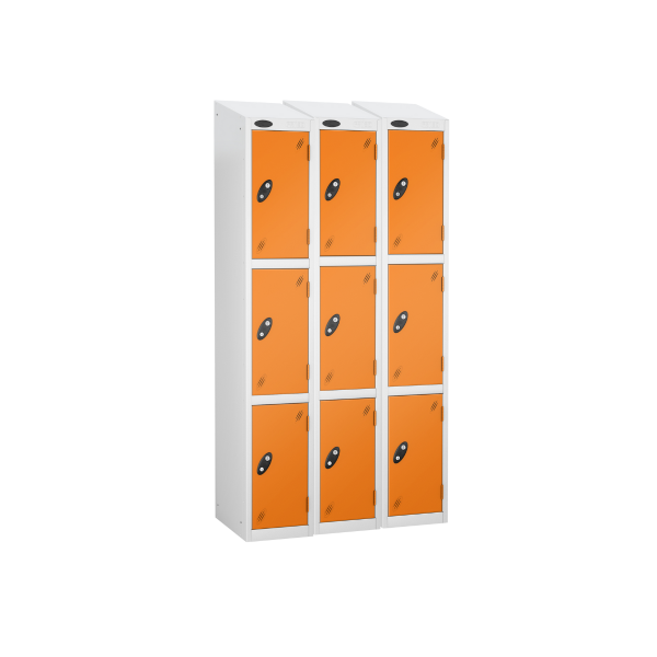 Nest of 3 Metal Storage Lockers | 3 Doors | 1780 x 305 x 305mm | White Carcass | Orange Door | Cam Lock | Sloping Top | Probe