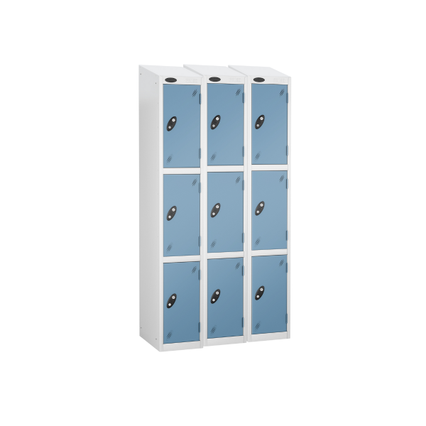 Nest of 3 Metal Storage Lockers | 3 Doors | 1780 x 305 x 305mm | White Carcass | Ocean Door | Cam Lock | Sloping Top | Probe