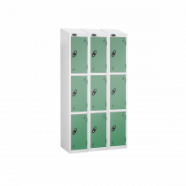 Nest of 3 Metal Storage Lockers | 3 Doors | 1780 x 305 x 305mm | White Carcass | Jade Door | Cam Lock | Sloping Top | Probe