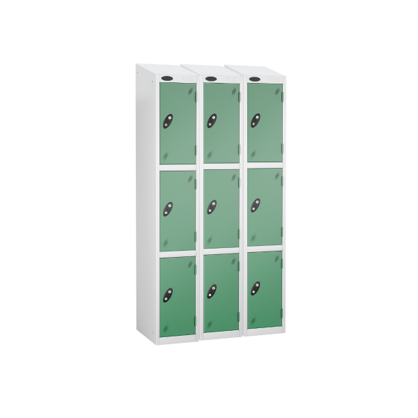 Nest of 3 Metal Storage Lockers | 3 Doors | 1780 x 305 x 305mm | White Carcass | Jade Door | Cam Lock | Sloping Top | Probe