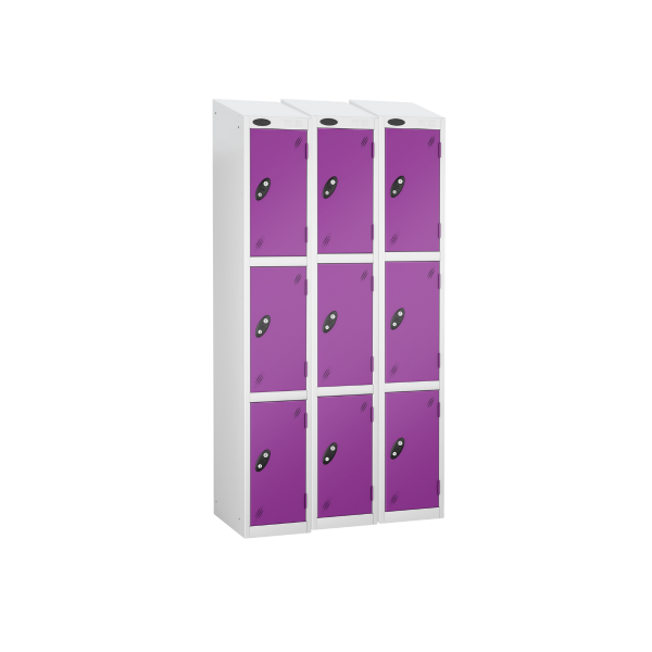 Nest of 3 Metal Storage Lockers | 3 Doors | 1780 x 305 x 305mm | White Carcass | Lilac Door | Cam Lock | Sloping Top | Probe