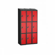 Nest of 3 Metal Storage Lockers | 3 Doors | 1780 x 305 x 305mm | Black Carcass | Red Door | Cam Lock | Sloping Top | Probe