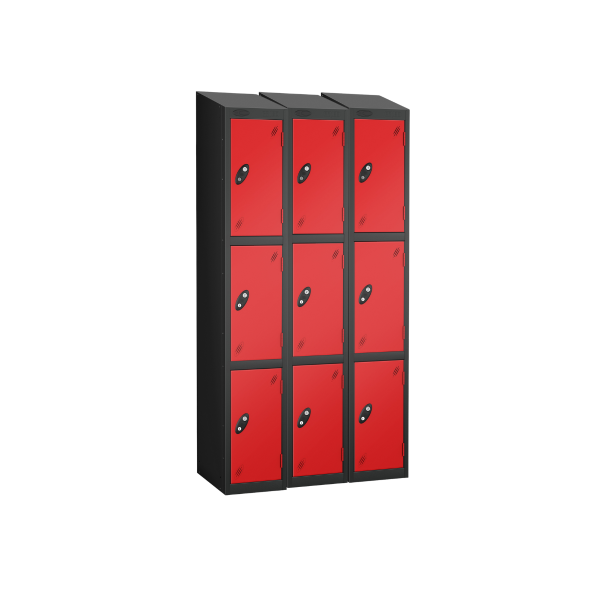 Nest of 3 Metal Storage Lockers | 3 Doors | 1780 x 305 x 305mm | Black Carcass | Red Door | Cam Lock | Sloping Top | Probe